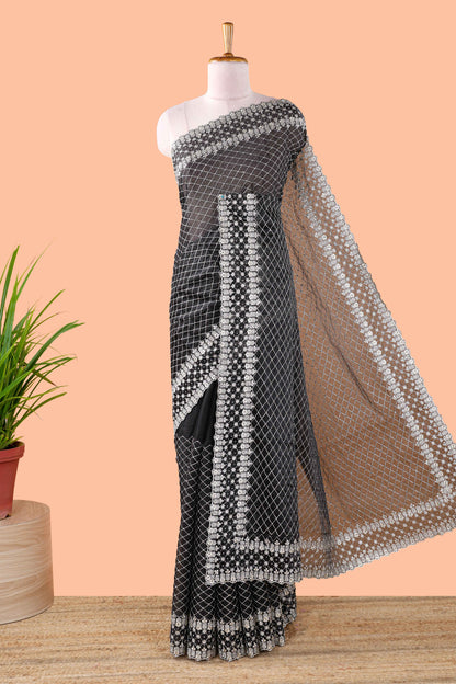 Black geomentric fendi chiffon embroidery design saree with self pallu and blouse