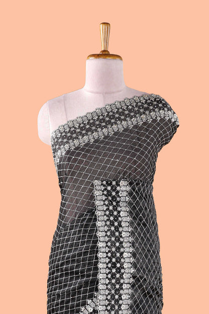 Black geomentric fendi chiffon embroidery design saree with self pallu and blouse