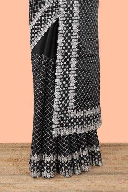 Black geomentric fendi chiffon embroidery design saree with self pallu and blouse