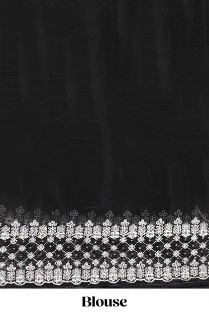 Black geomentric fendi chiffon embroidery design saree with self pallu and blouse