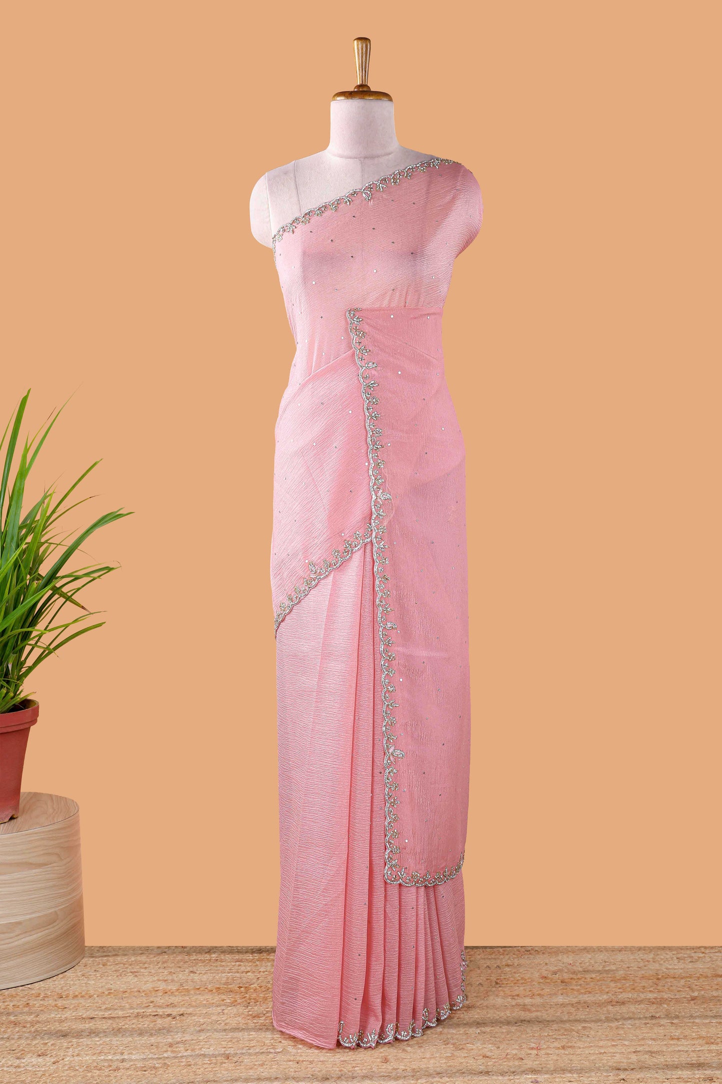 Pink organza crush saree with dot motif embroidery and stone work