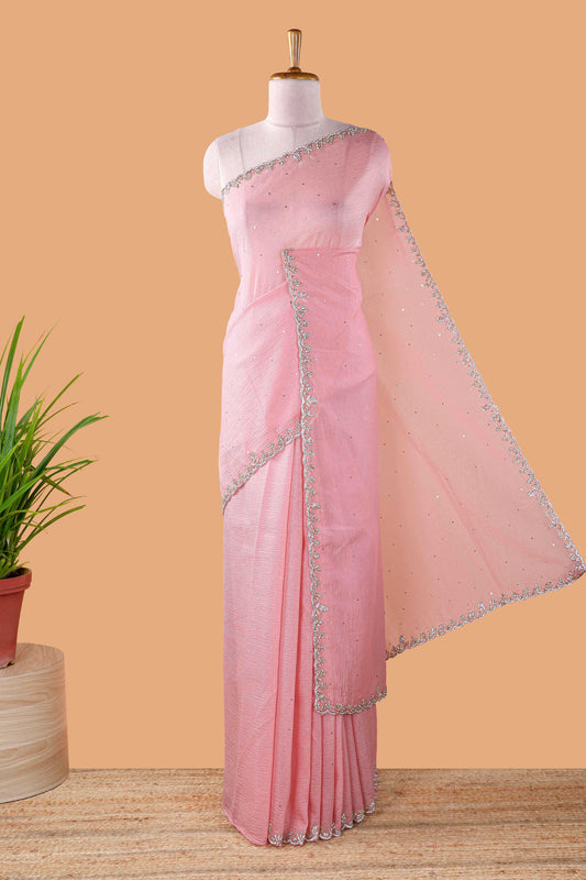 Pink organza crush saree with dot motif embroidery and stone work