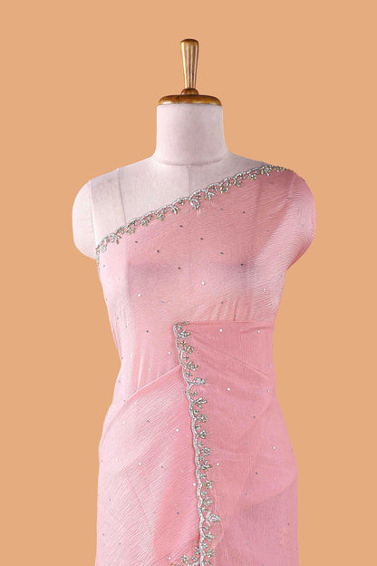 Pink organza crush saree with dot motif embroidery and stone work