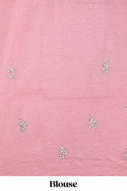 Pink organza crush saree with dot motif embroidery and stone work