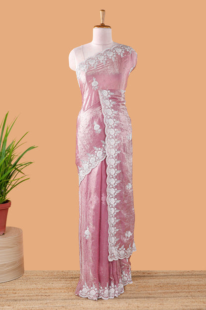 Peach organza crush saree with dot motif embroidery and stone work
