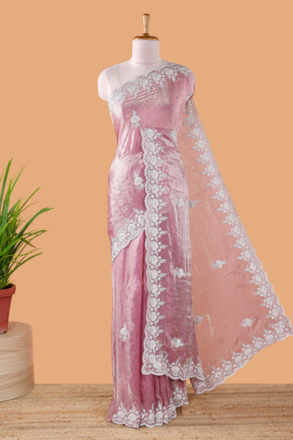 Peach organza crush saree with dot motif embroidery and stone work