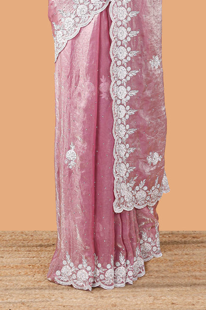 Peach organza crush saree with dot motif embroidery and stone work