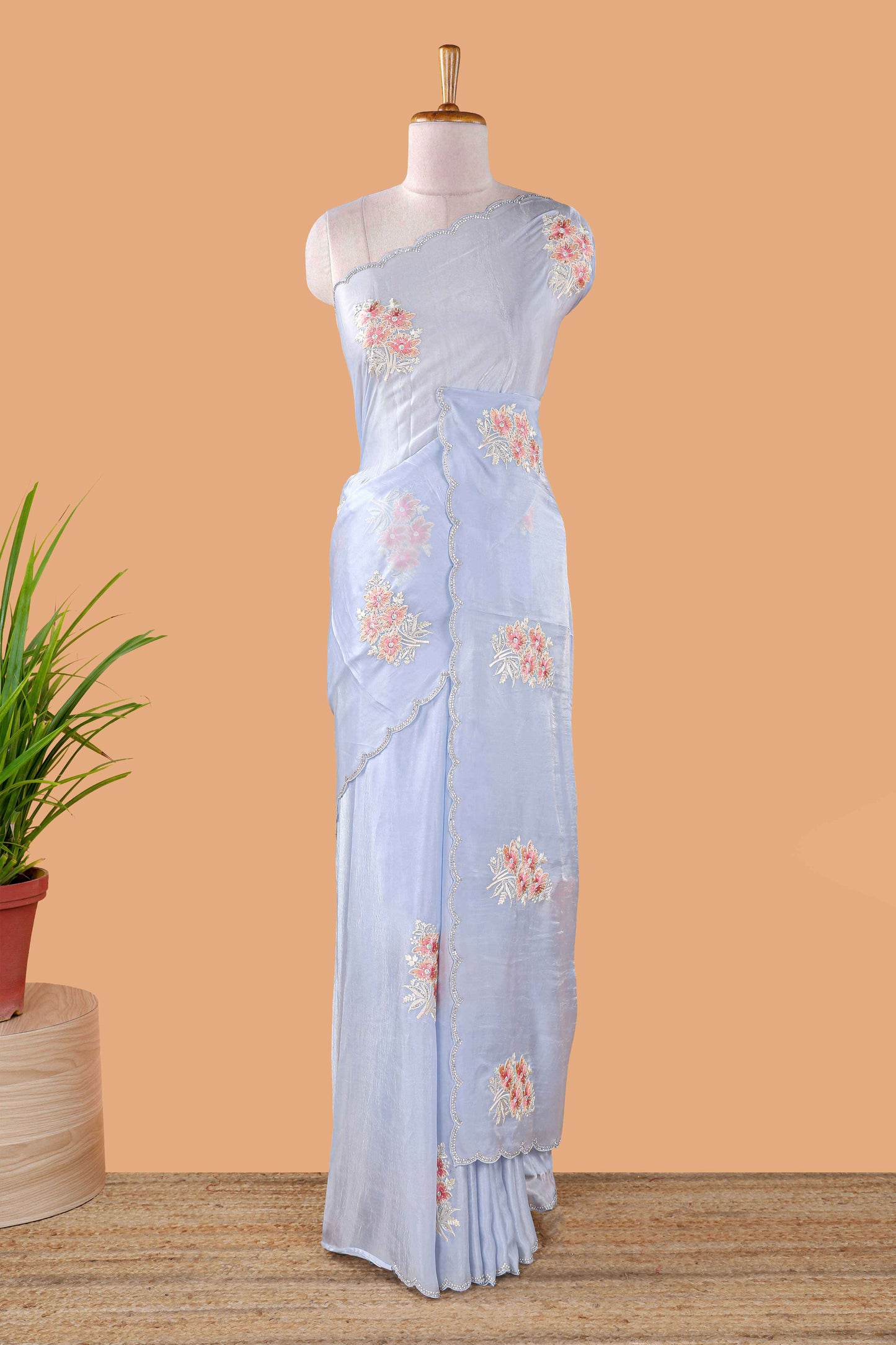 Blue plain fendi chiffon floral embroidery design saree with self pallu and blouse