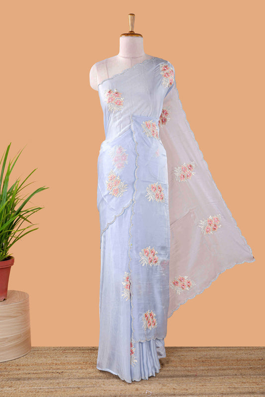 Blue plain fendi chiffon floral embroidery design saree with self pallu and blouse