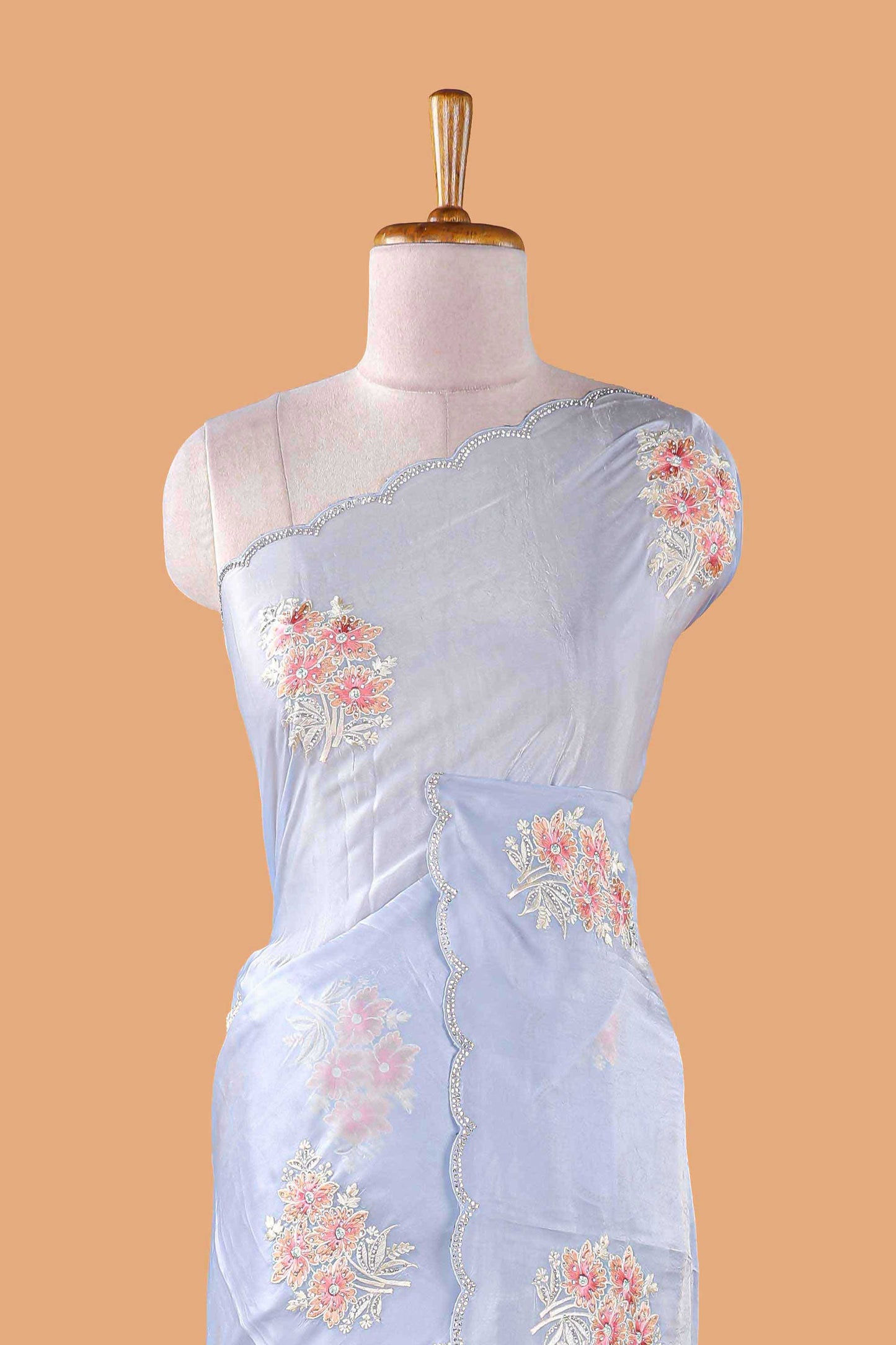 Blue plain fendi chiffon floral embroidery design saree with self pallu and blouse