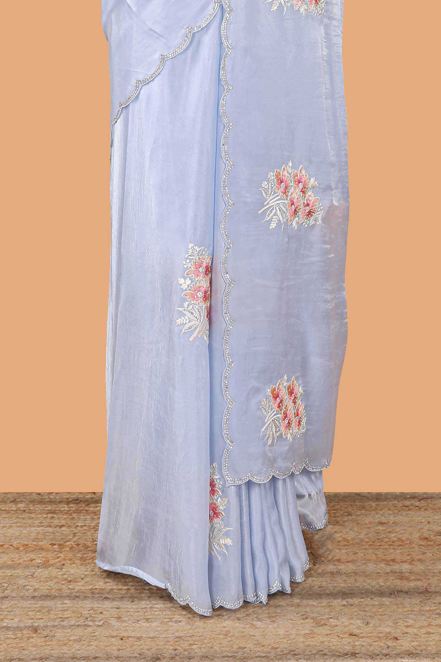 Blue plain fendi chiffon floral embroidery design saree with self pallu and blouse