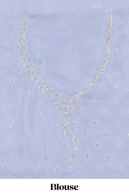 Blue plain fendi chiffon floral embroidery design saree with self pallu and blouse