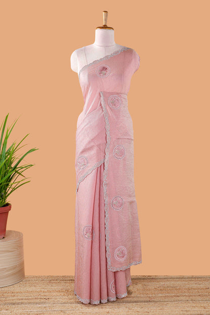 Pink organza crush saree with floral motif embroidery and stone work