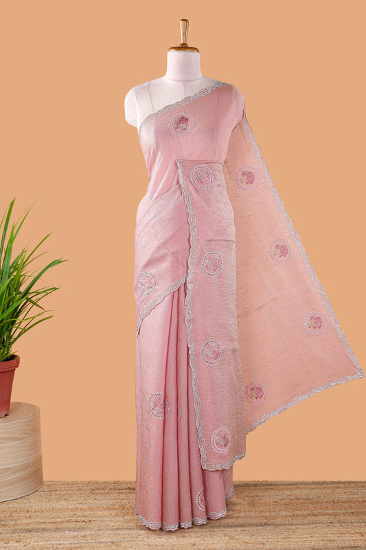 Pink organza crush saree with floral motif embroidery and stone work