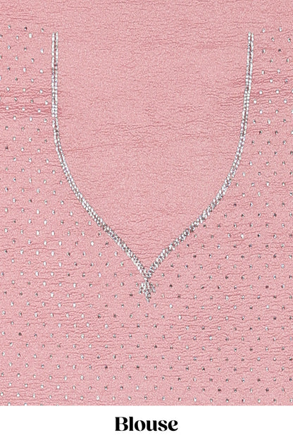 Pink organza crush saree with floral motif embroidery and stone work