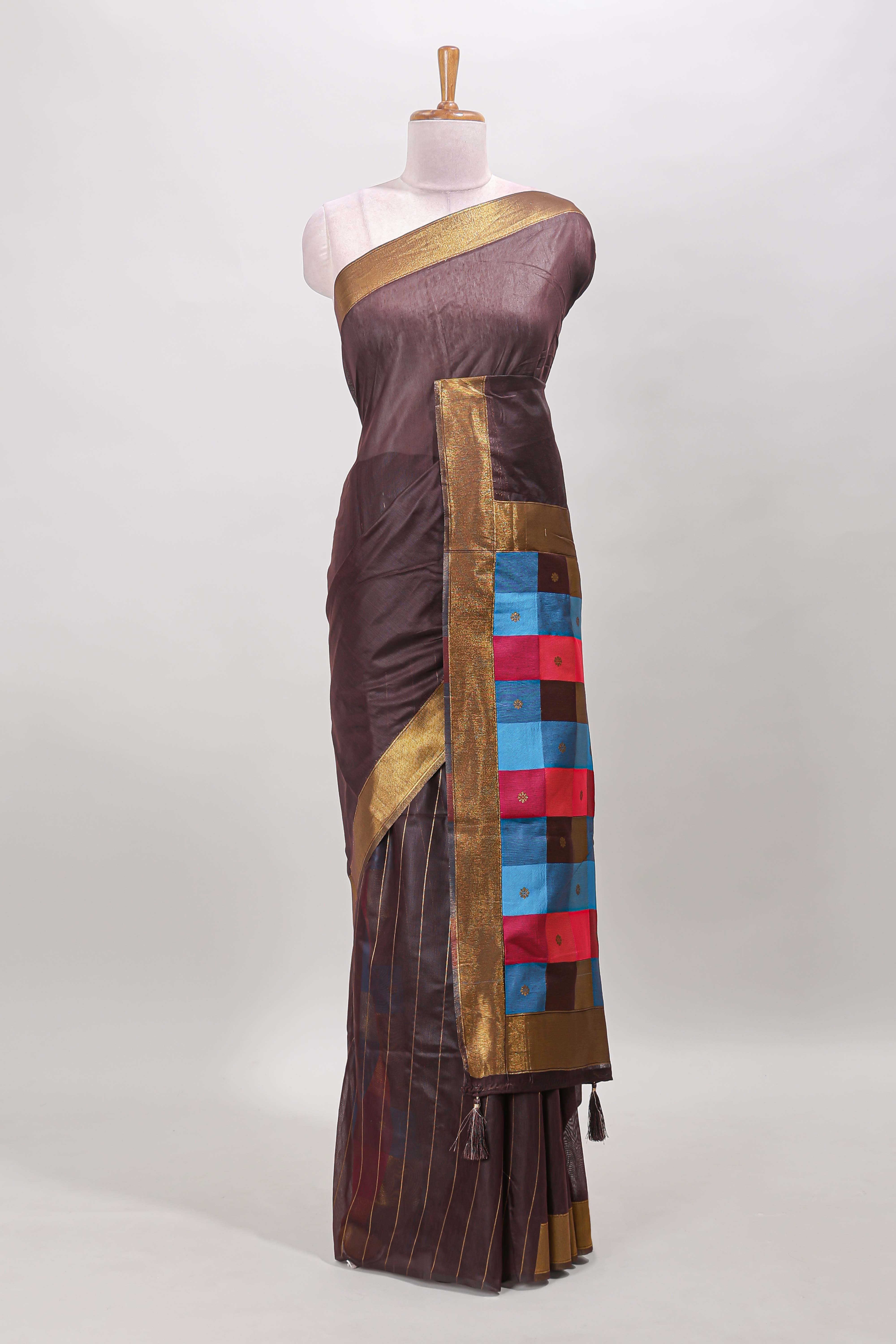  Chocolate brown striped linen saree