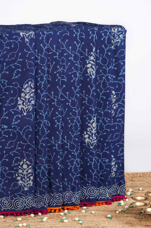 Cotton ajrakh print mull Blue saree
