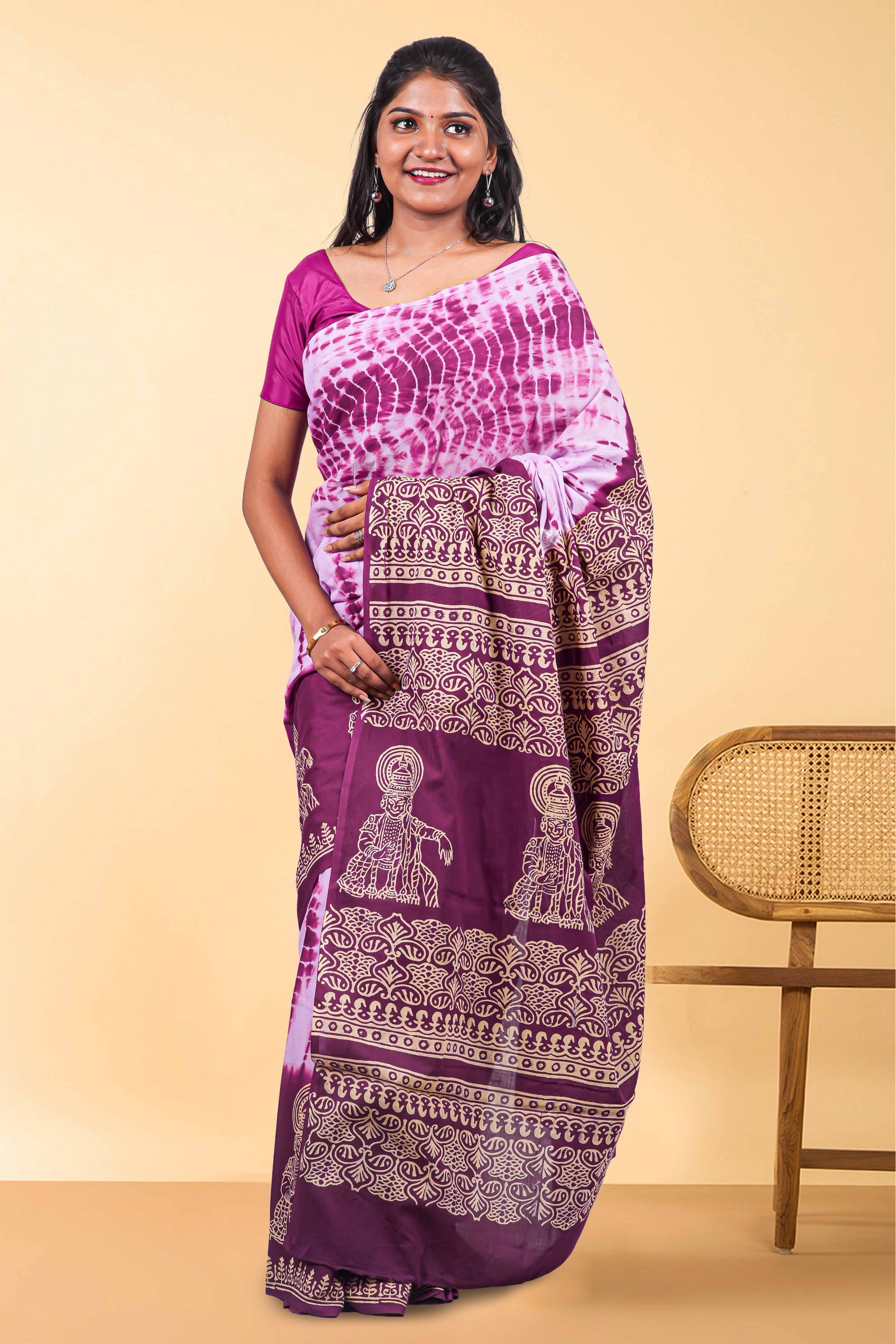 Cotton floral print saree white & purple