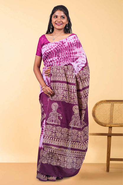 Cotton floral print saree white & purple