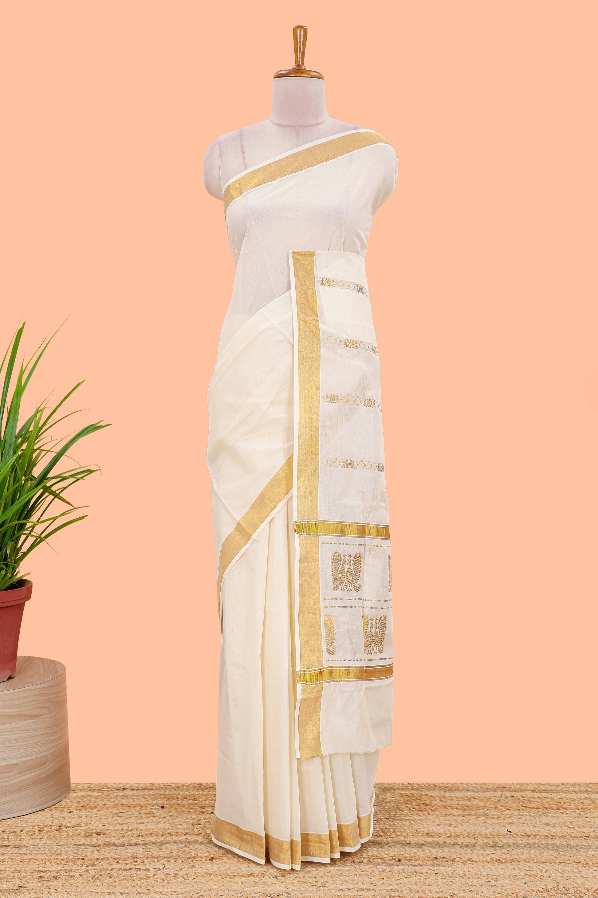 Cream Kerala cotton saree