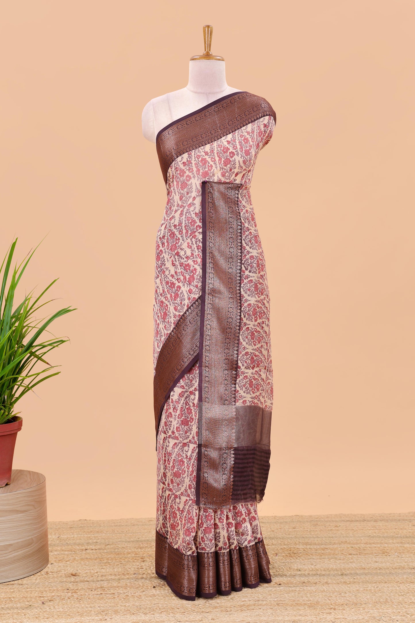 Cream banarasi printed silk saree