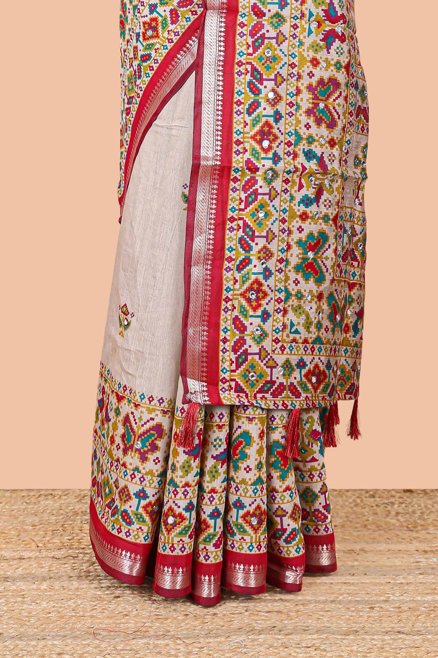 Cream chanderi cotton saree with red zari border