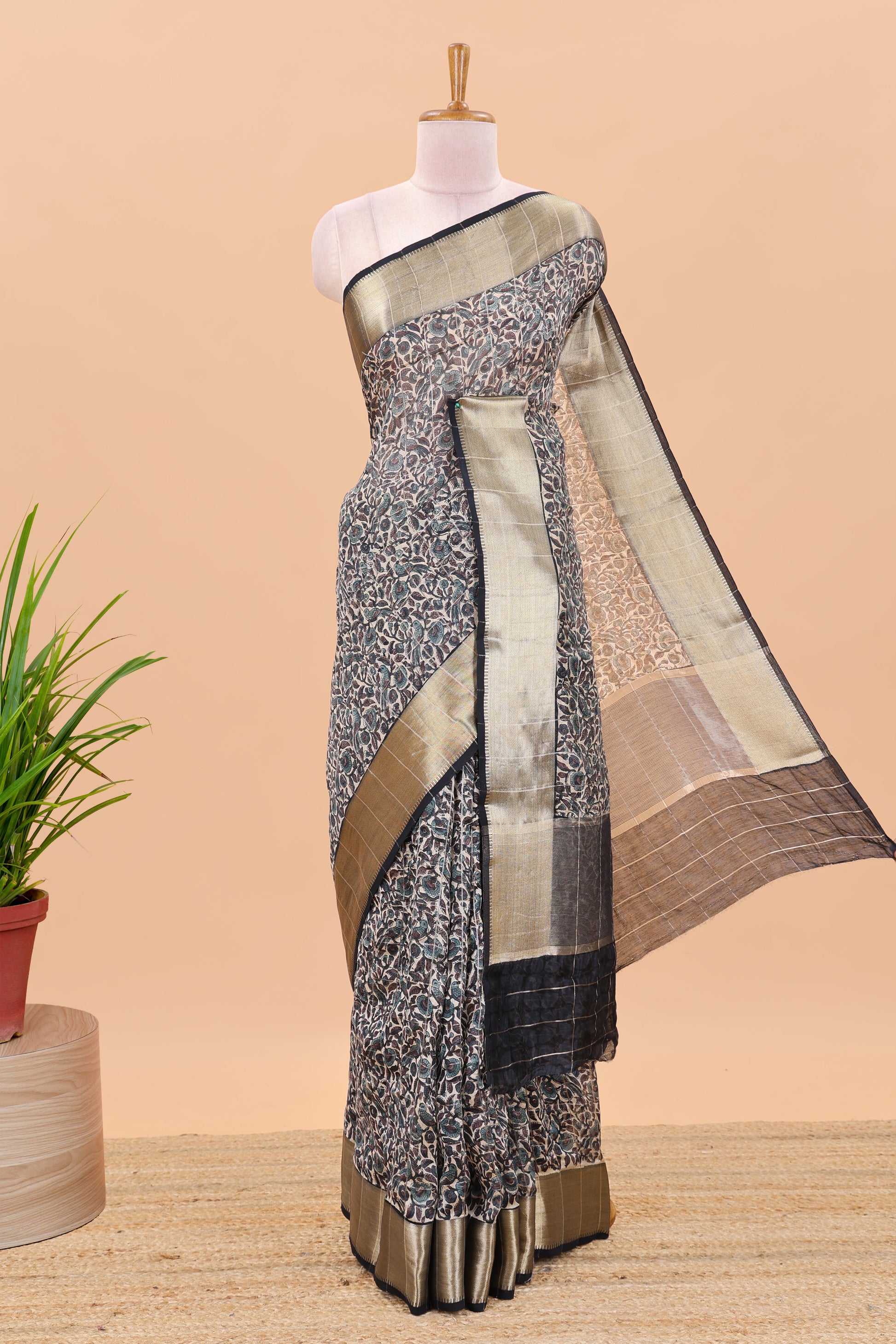 Cream checked chanderi cotton saree with floral and birds print