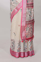 Cream contrast linen cotton saree