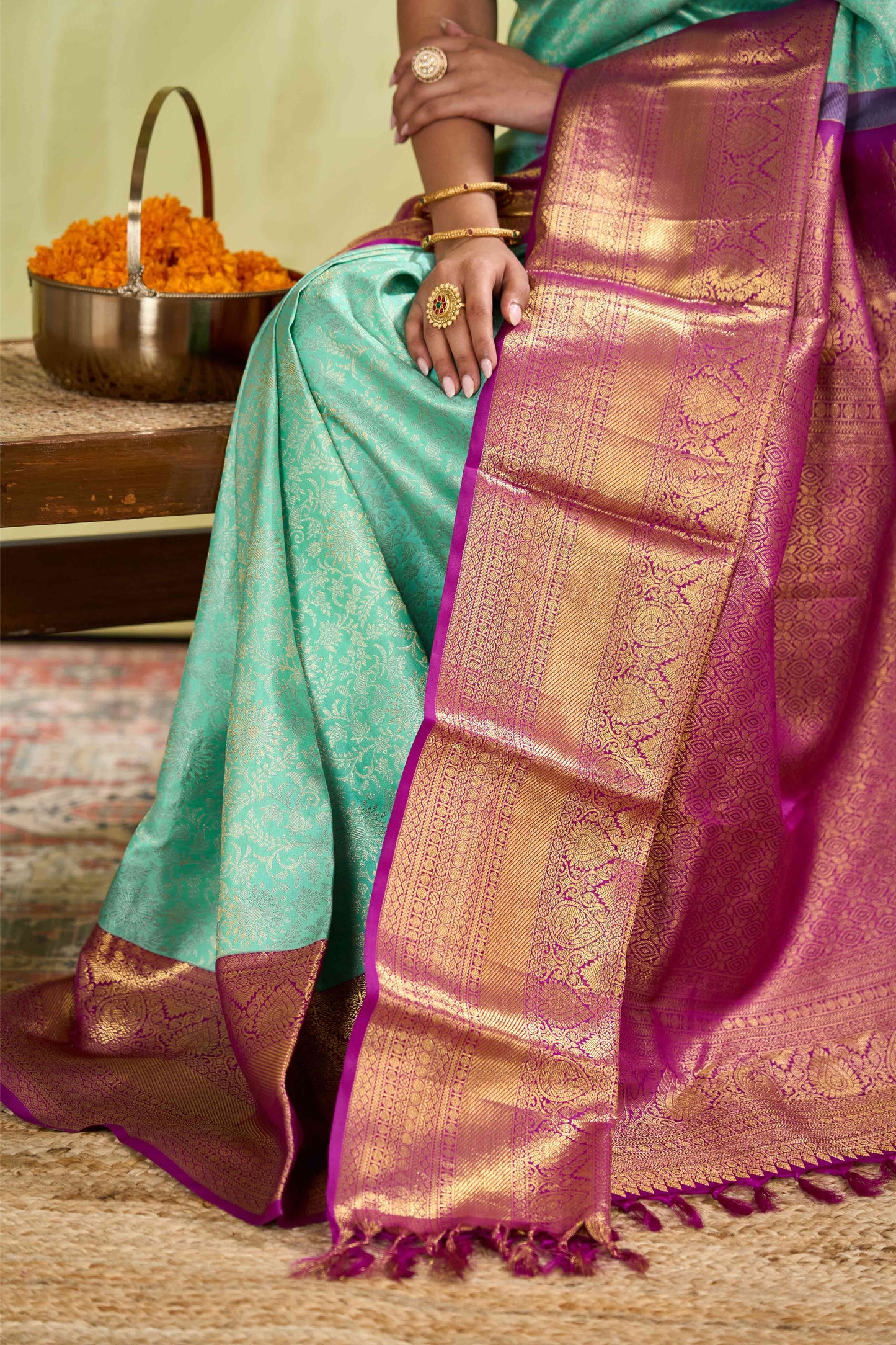 Cream festive silk saree