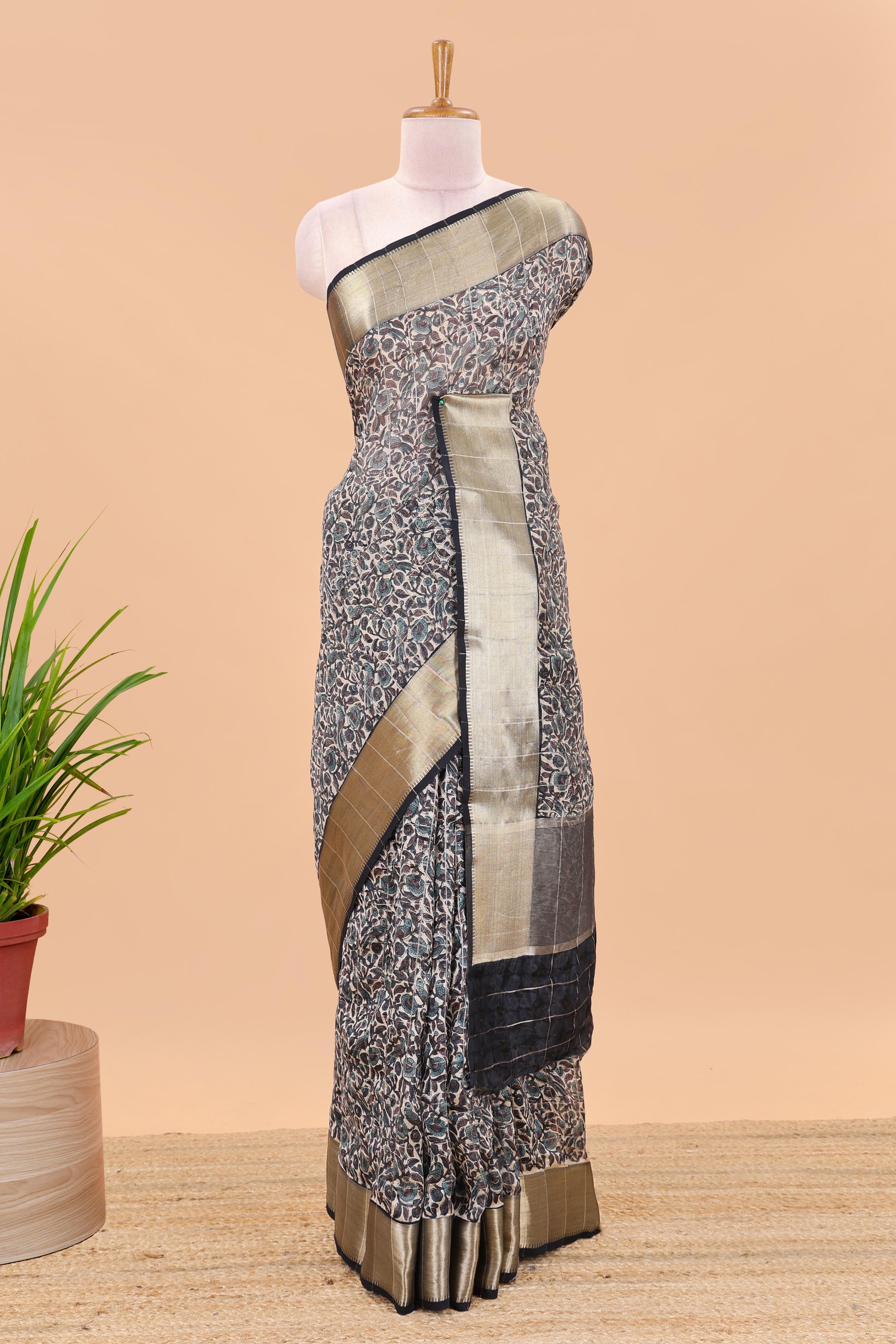 Cream floral and bird print chanderi cotton saree with contrast zari border