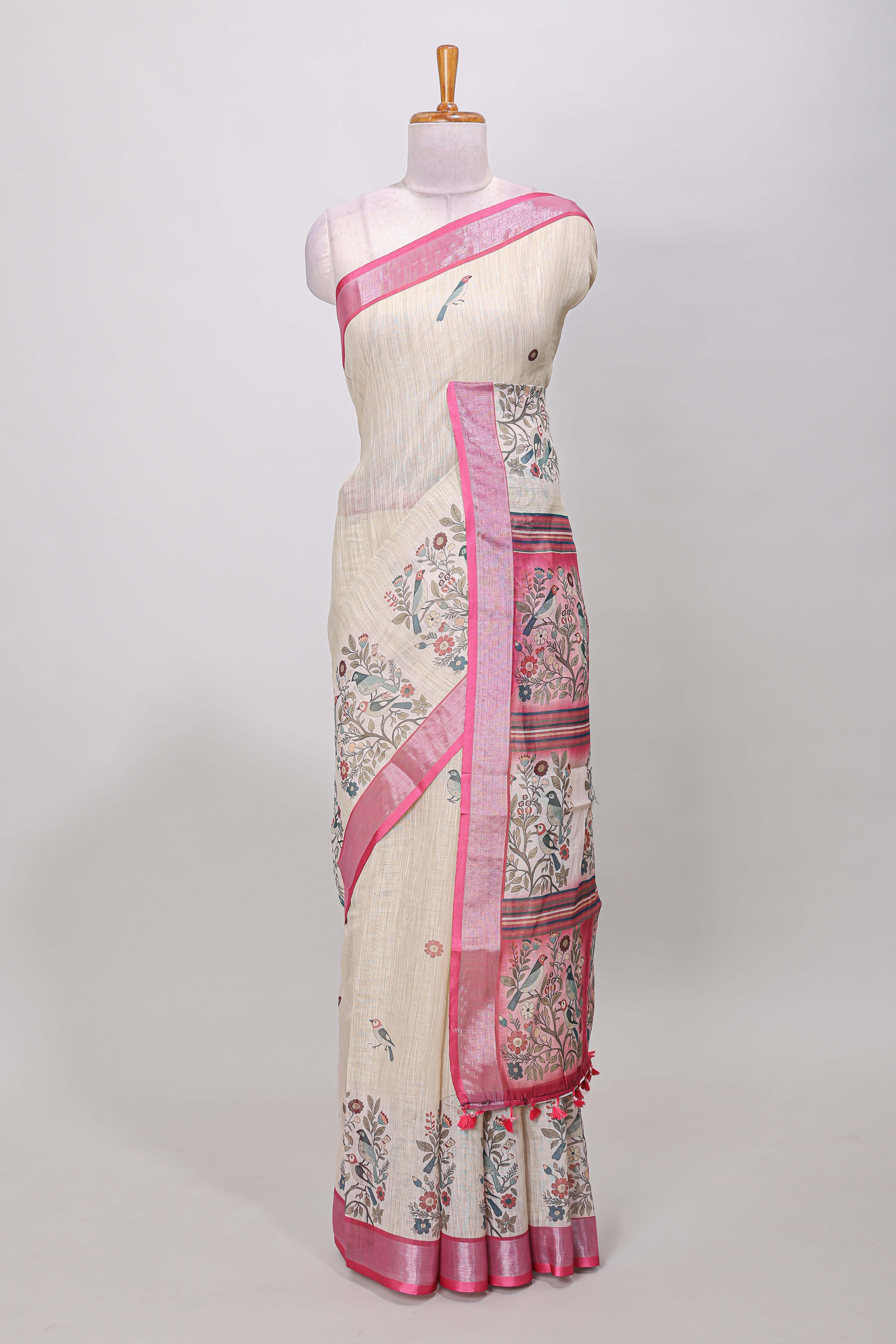 Cream floral print linen saree