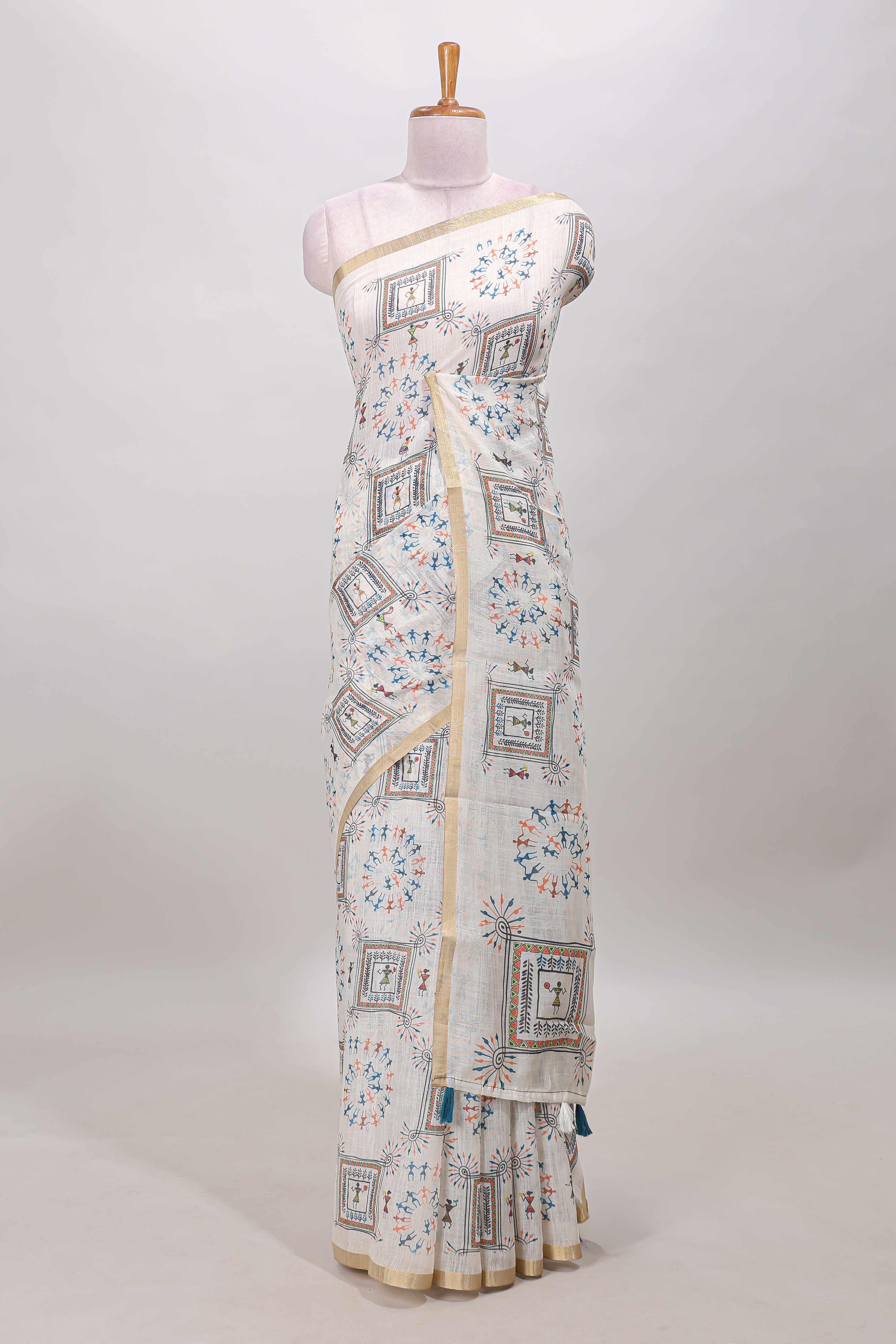 Cream linen cotton saree