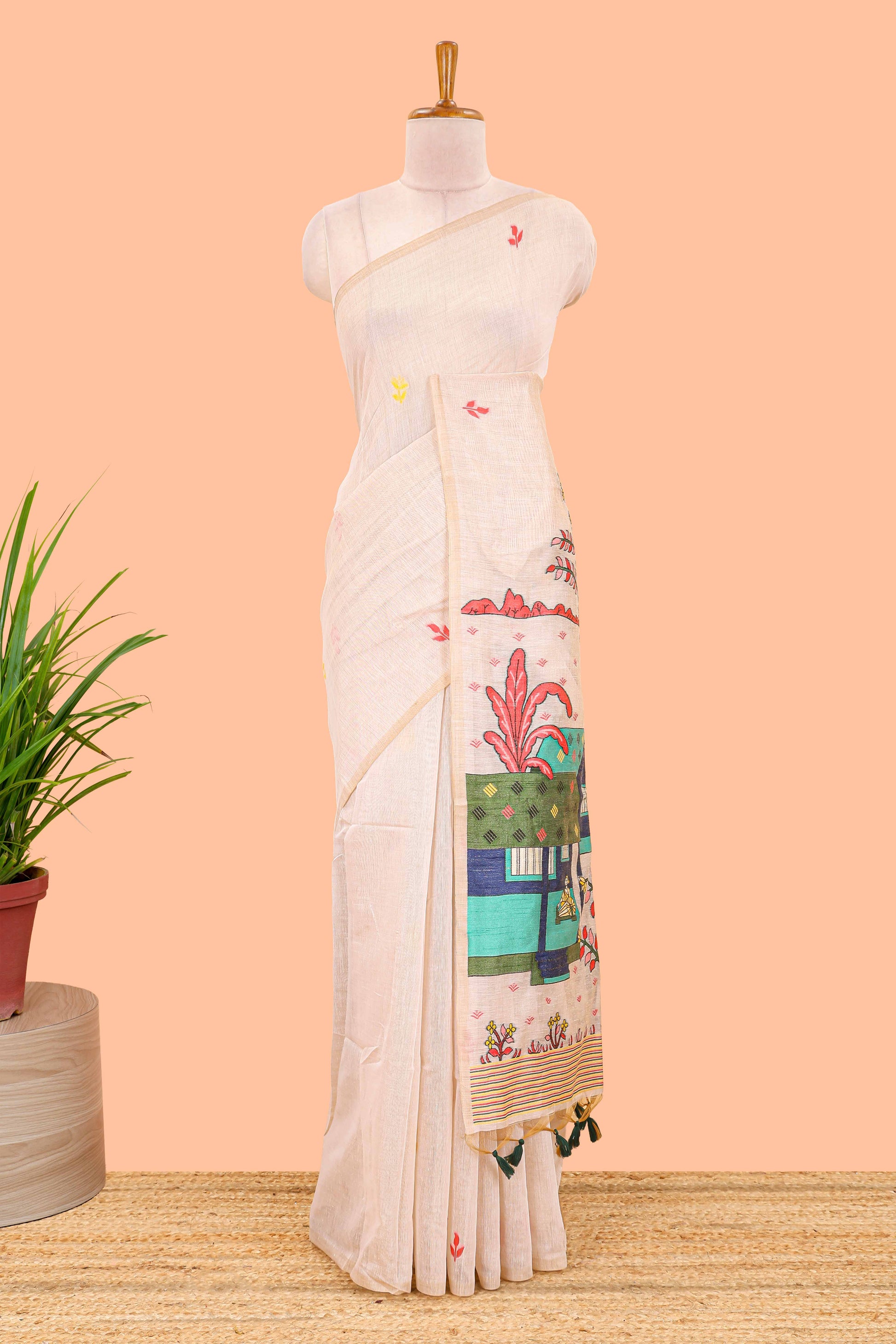 Cream munga cotton floral butta saree