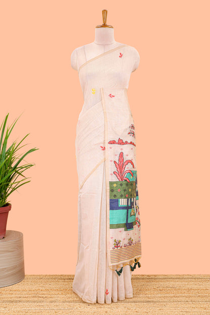Cream munga cotton floral butta saree