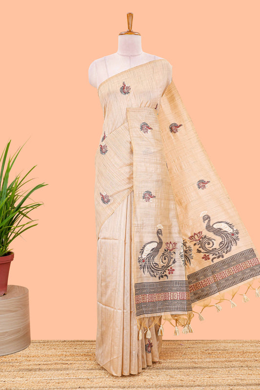 Cream munga cotton saree