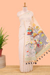 Cream munga cotton saree village print pallu