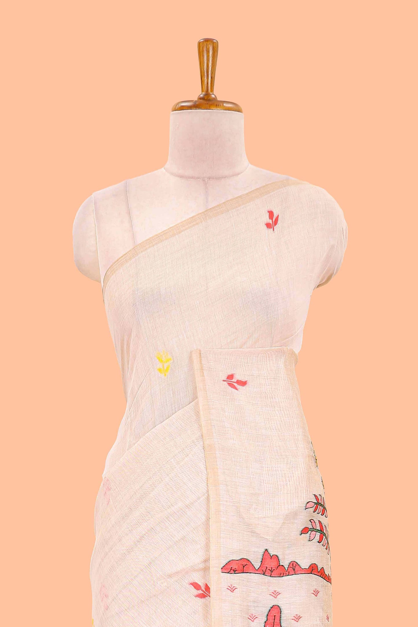 Cream munga cotton village print pallu saree