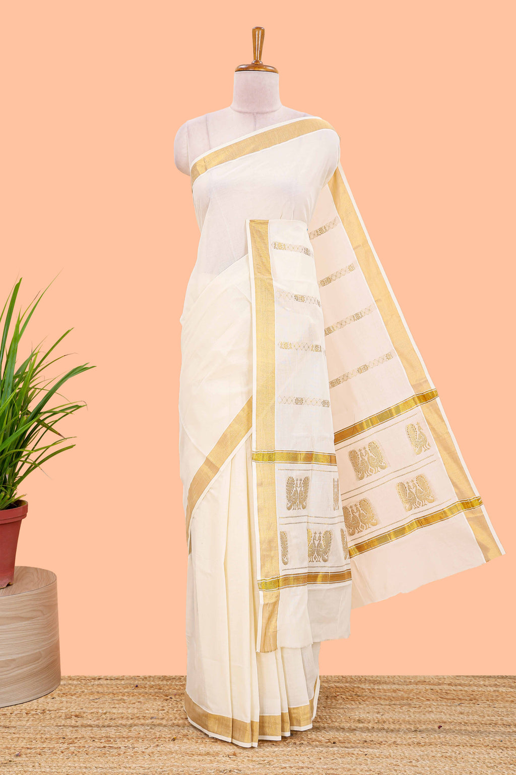 Cream peacock design Kerala cotton saree