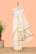 Cream peacock design Kerala cotton saree
