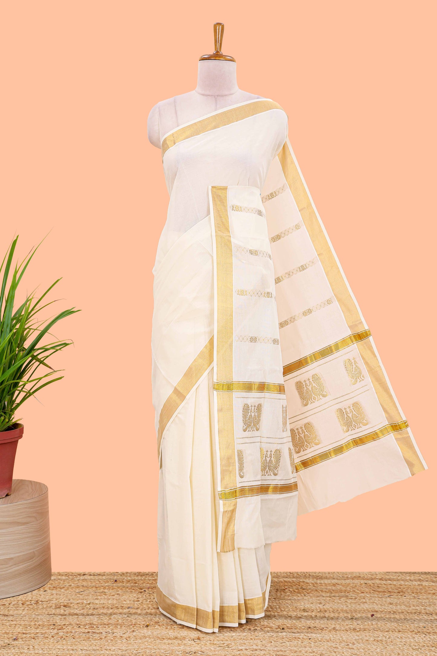 Cream peacock design Kerala cotton saree