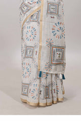 Cream printed blouse saree