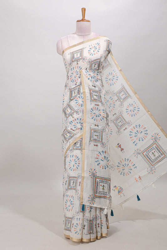 Cream warli print linen cotton saree