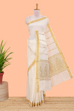 Cream zari stripe Kerala cotton saree