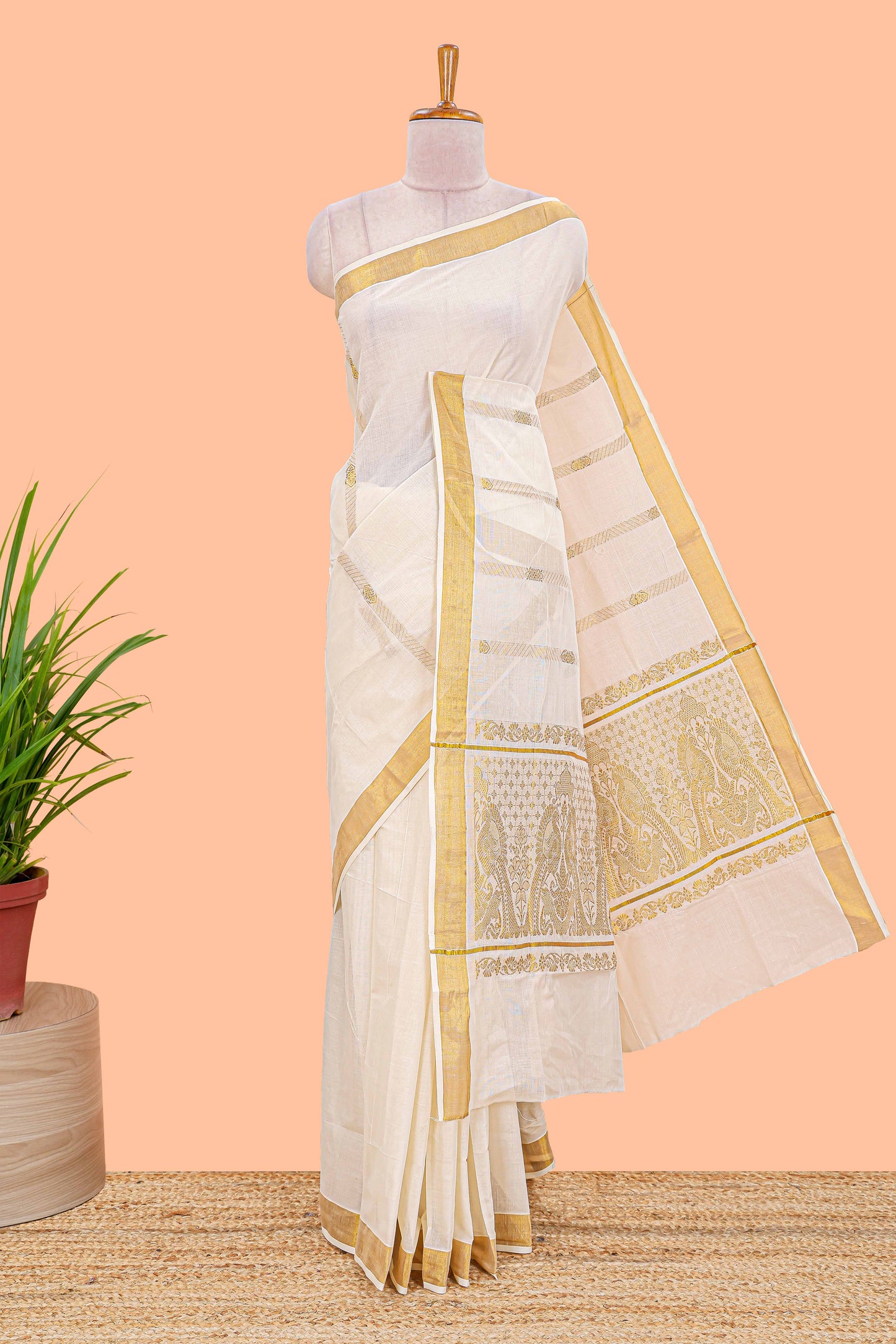 Cream zari stripe Kerala cotton saree