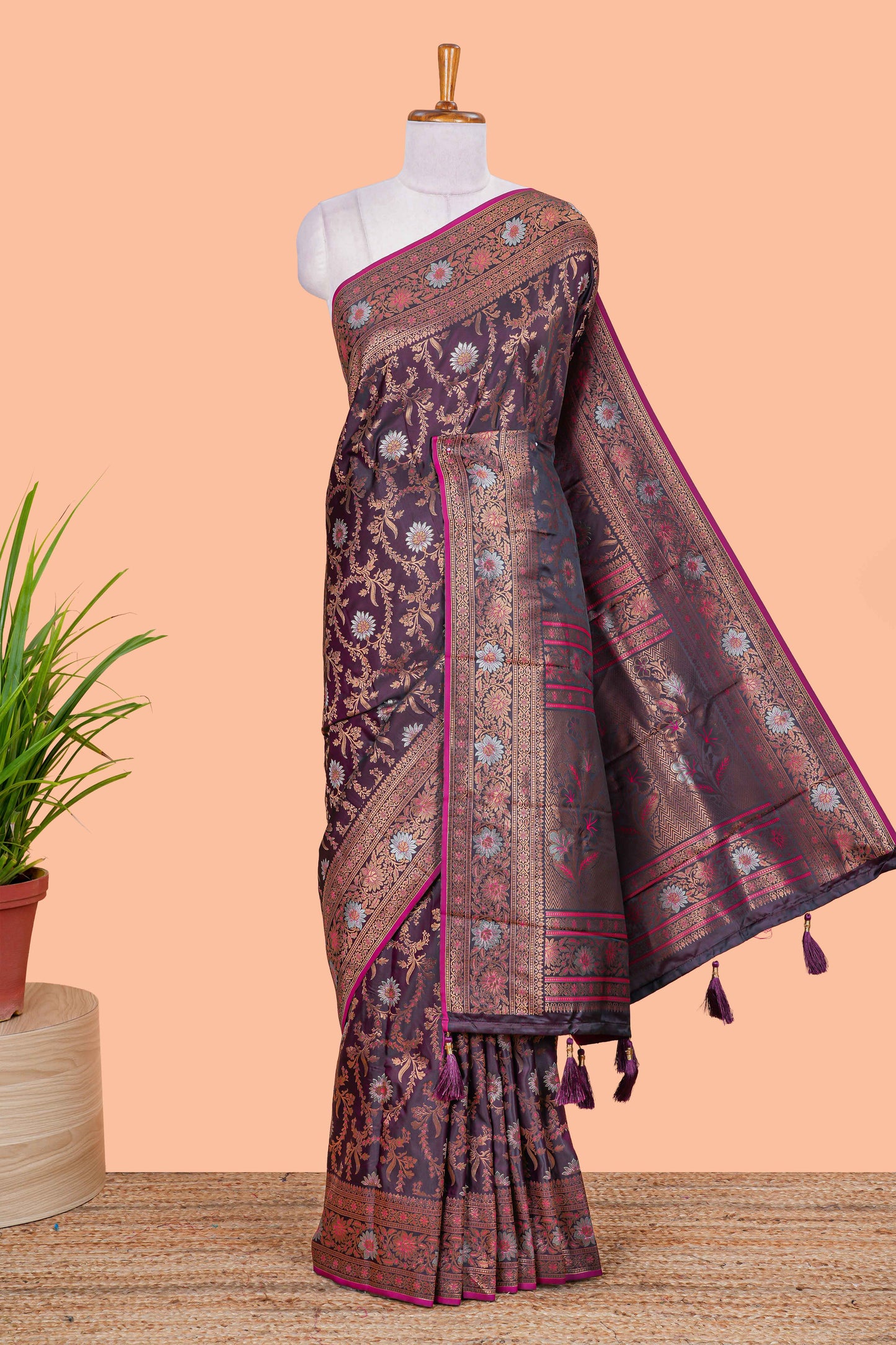 Dark maroon satin silk saree