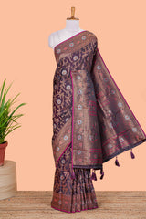 Dark maroon satin silk saree