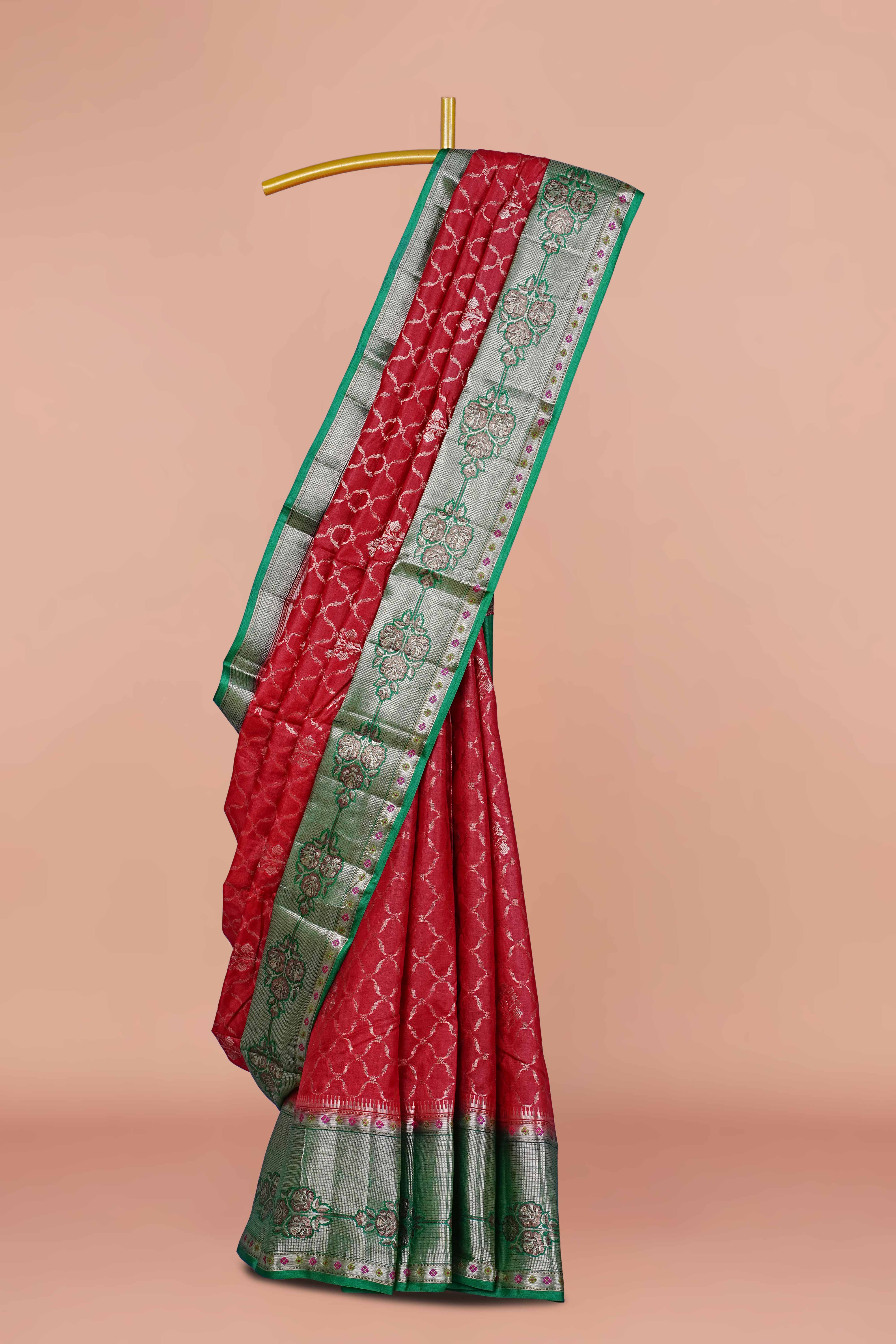 Deep red tussar silk saree