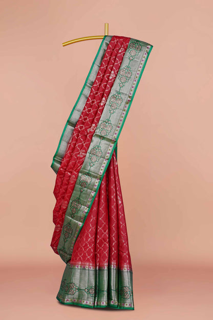 Deep red tussar silk saree