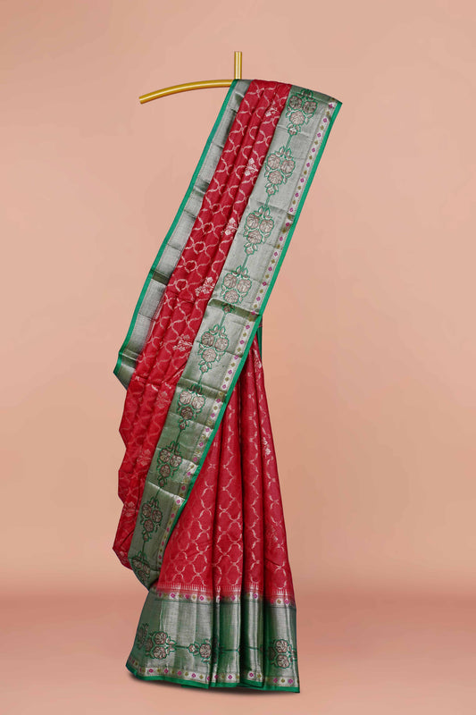 Deep red tussar silk saree
