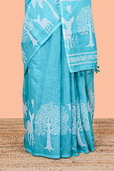 Designer turquoise blue linen cotton saree